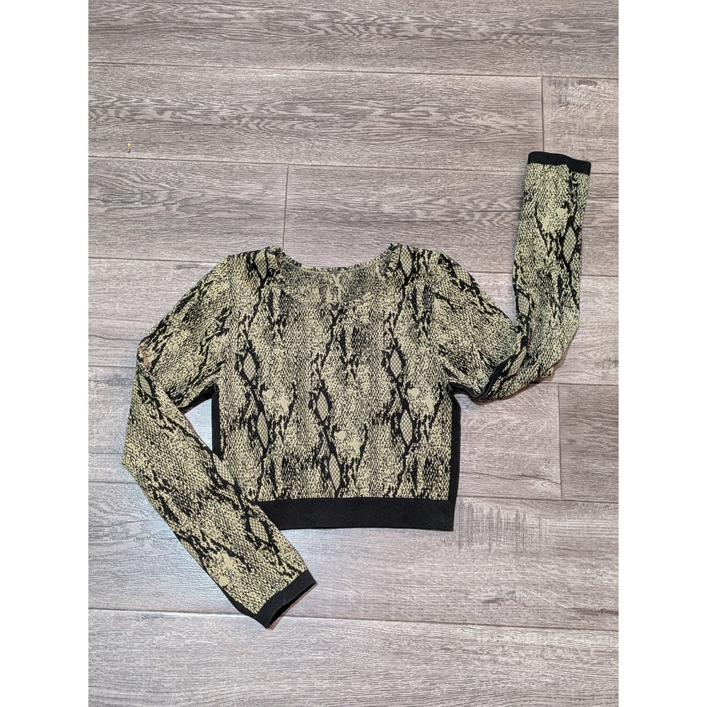 Snake Print Cropped Knit Top Long Sleeve Crew Neck Green Black Streetwear